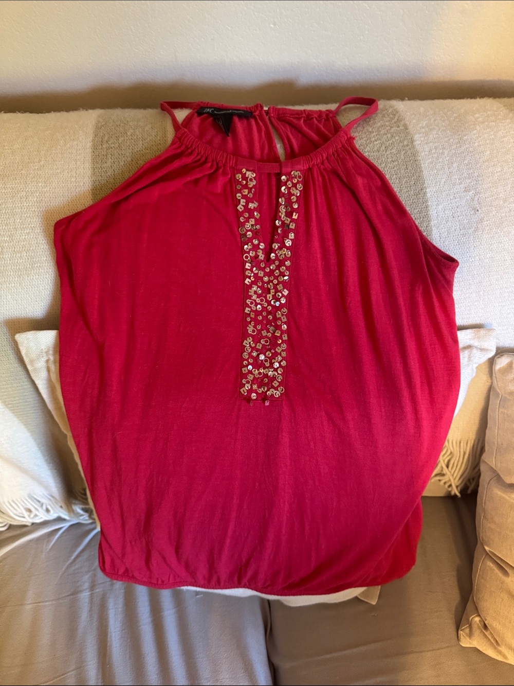 INC International Concepts Red Halter Tank with Sequin Placket